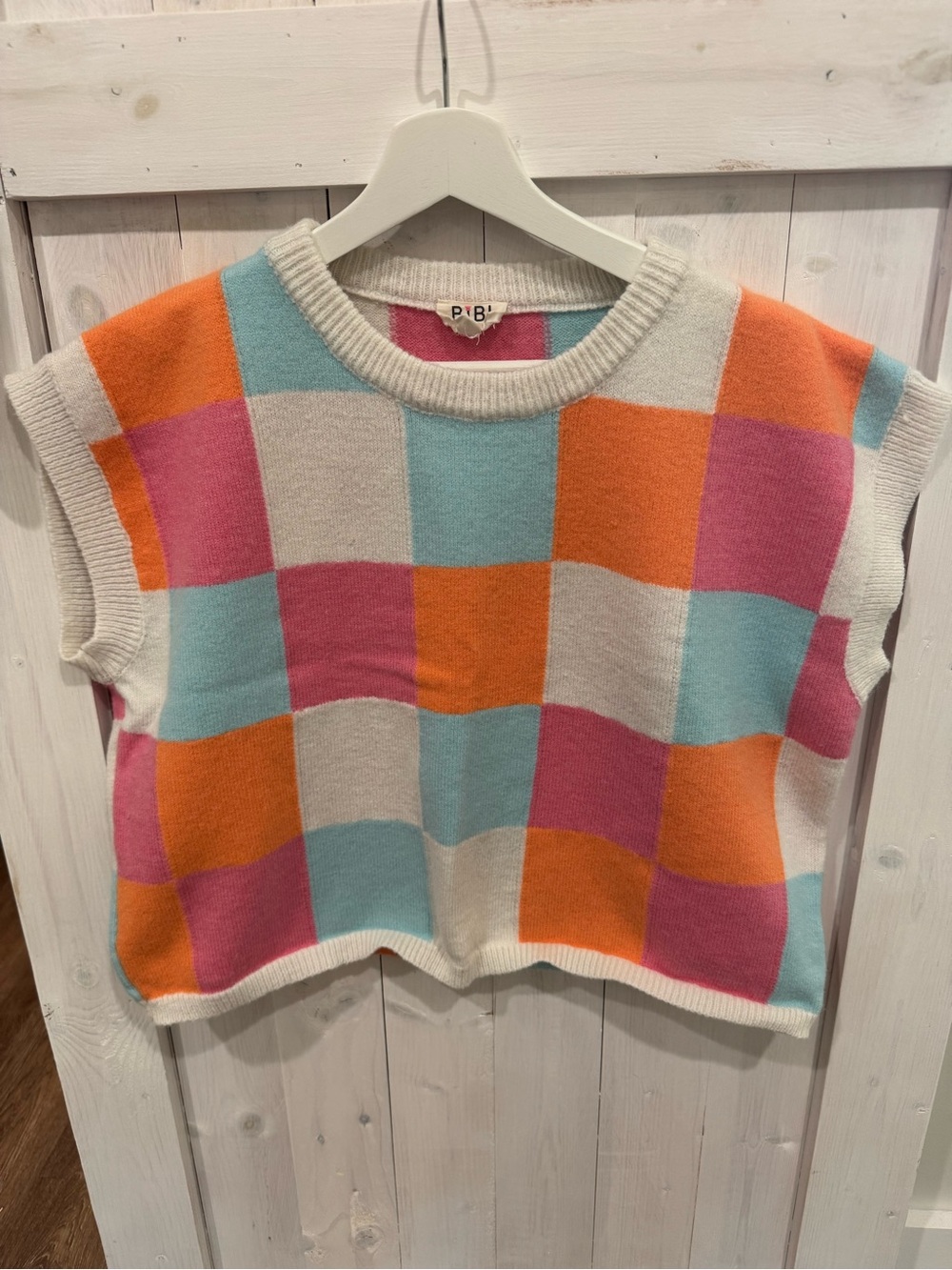 BiBi Sleeveless Checker Knit Top in Pink, Orange, Blue, Cream